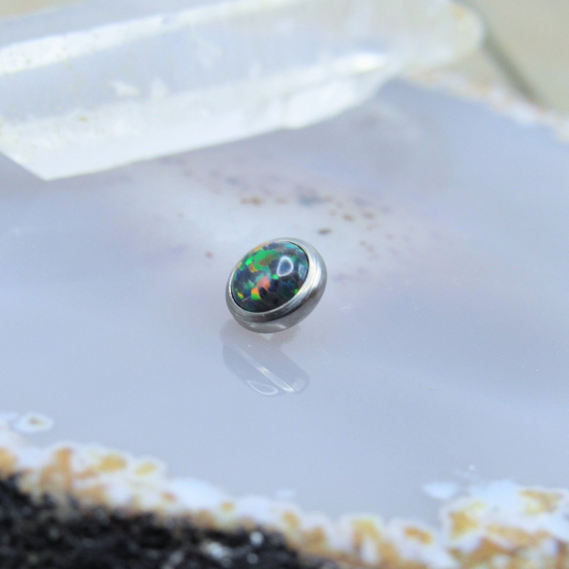 Black opal dermal piercing top 14g threaded end 5mm bezel set replacement body jewelry part - Siren Body Jewelry