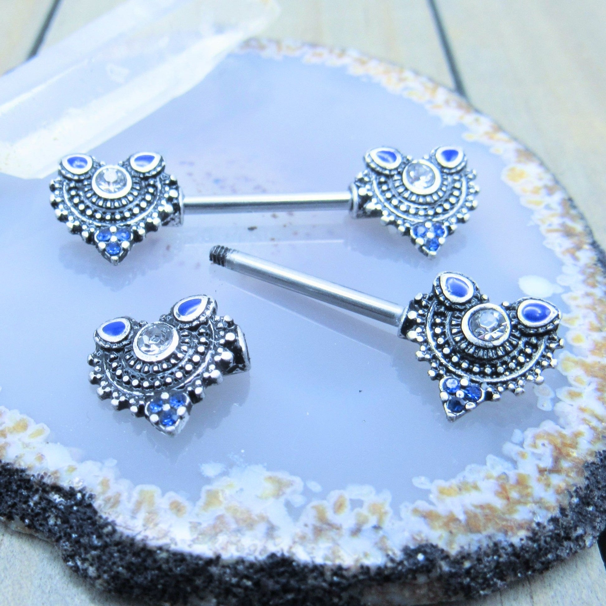 Blue Gemstone Design Nipple Piercing Barbell Set 316 SS - Siren Body Jewelry