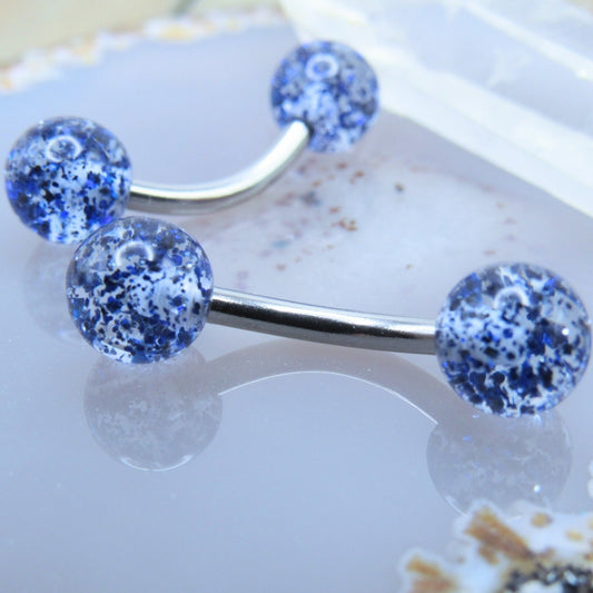Blue glitter ball curved nipple piercing barbell set 14g 7/16" silver stainless steel pair - Siren Body Jewelry