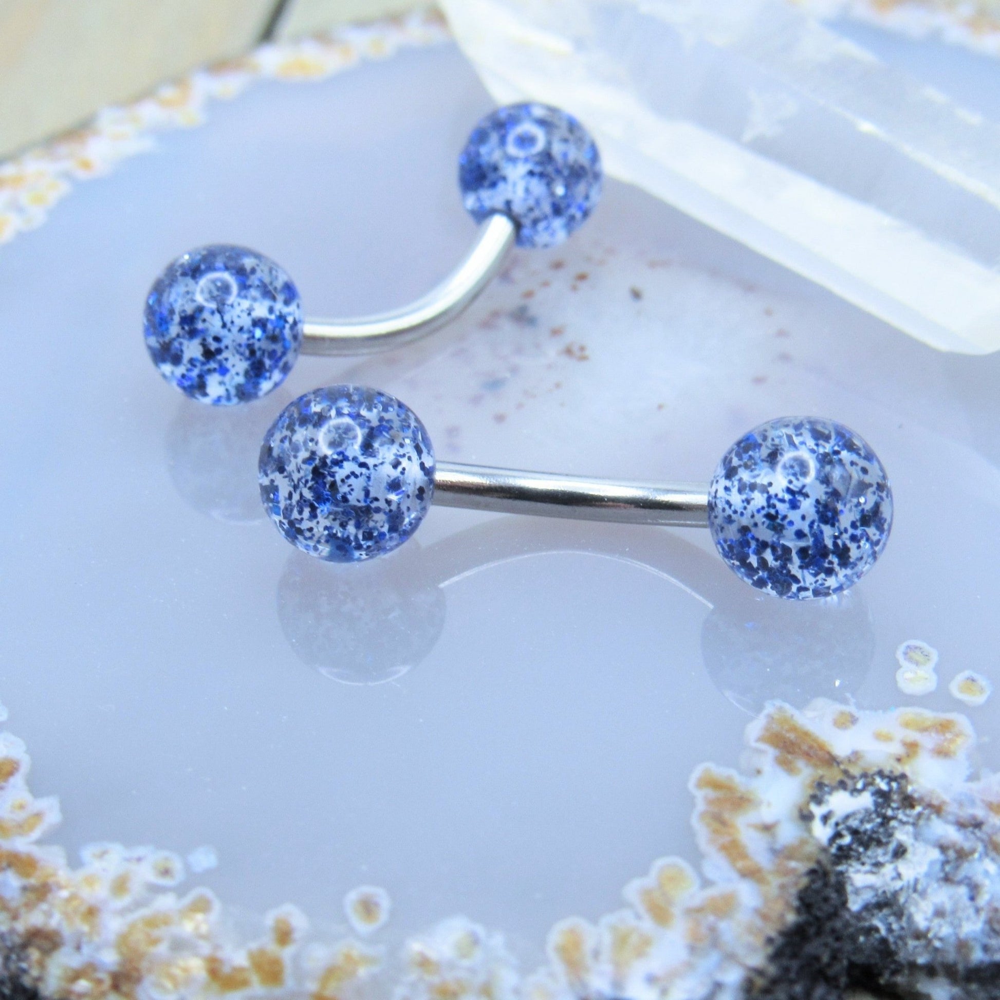 Blue glitter ball curved nipple piercing barbell set 14g 7/16" silver stainless steel pair - Siren Body Jewelry