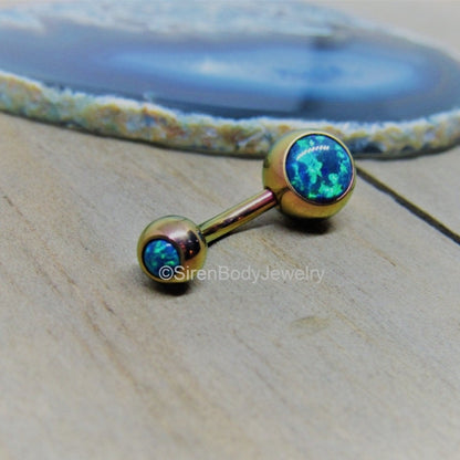 14g rose gold blue opal belly button piercing barbell ring