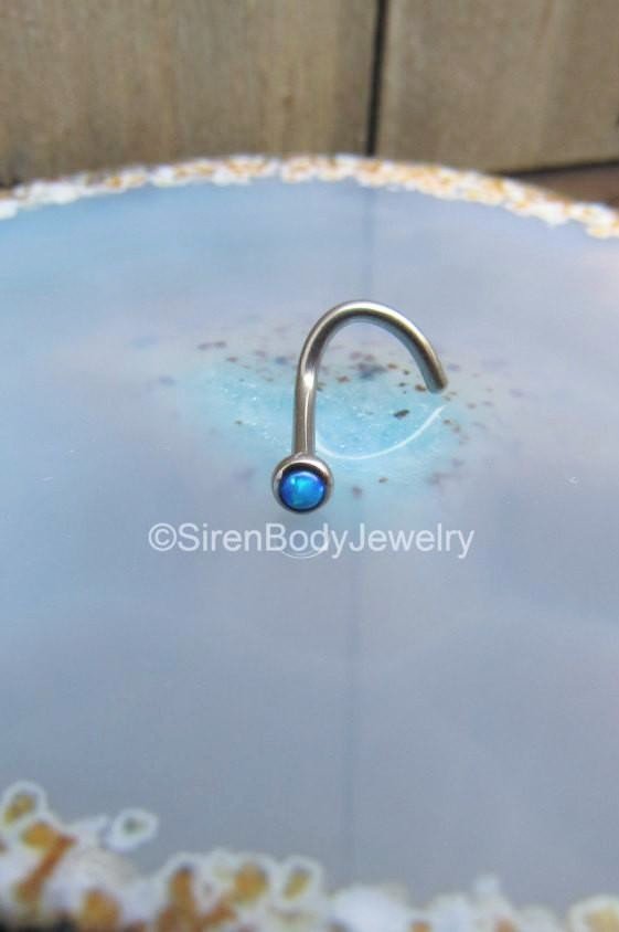 Blue opal nose piercing screw 18g titanium nostril body piercing jewelry stud - Siren Body Jewelry