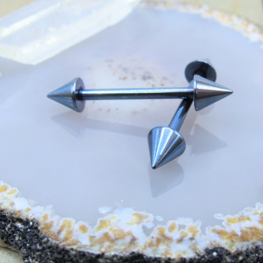 Blue spike nipple piercing barbell set 14g 5/8" length titanium IOP 5mm spiked externally threaded ends - Siren Body Jewelry
