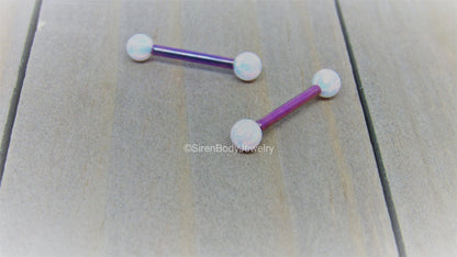 Blurple opal nipple piercing barbells 14g titanium nipples jewelry pair 4mm white opals pick your length - SirenBodyJewelry