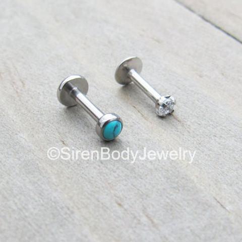 Cartilage earring set of 2 turquoise gemstone forward helix earrings flat back labret earrings 16g 1/4-5/16" length ear piercings rings jewelry - SirenBodyJewelry