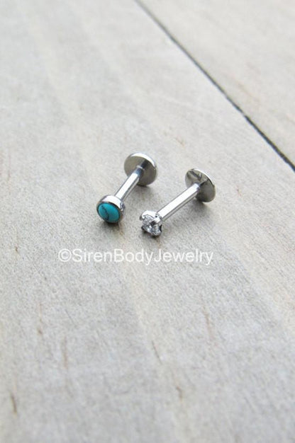 Cartilage earring set of 2 turquoise gemstone forward helix earrings flat back labret earrings 16g 1/4-5/16" length ear piercings rings jewelry - SirenBodyJewelry
