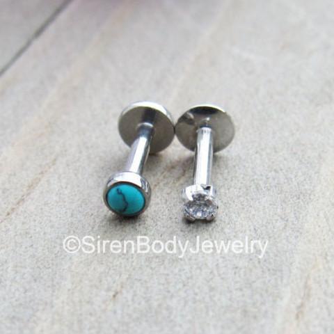Cartilage earring set of 2 turquoise gemstone forward helix earrings flat back labret earrings 16g 1/4-5/16" length ear piercings rings jewelry - SirenBodyJewelry
