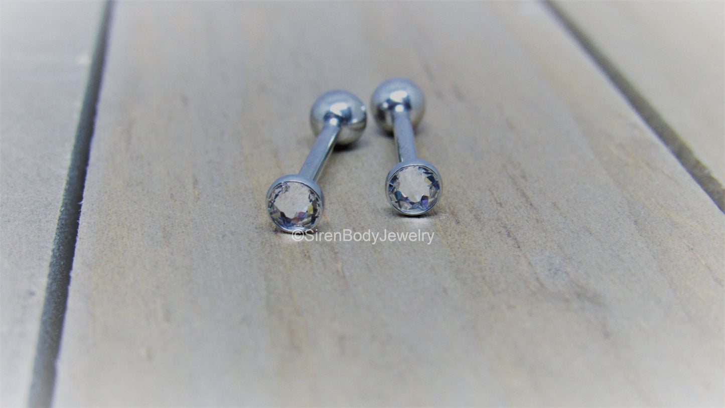 Cheek piercing barbell 14g 4.4mm CZ clear gem internally threaded titanium 5/8" 3/4" straight bar - SirenBodyJewelry