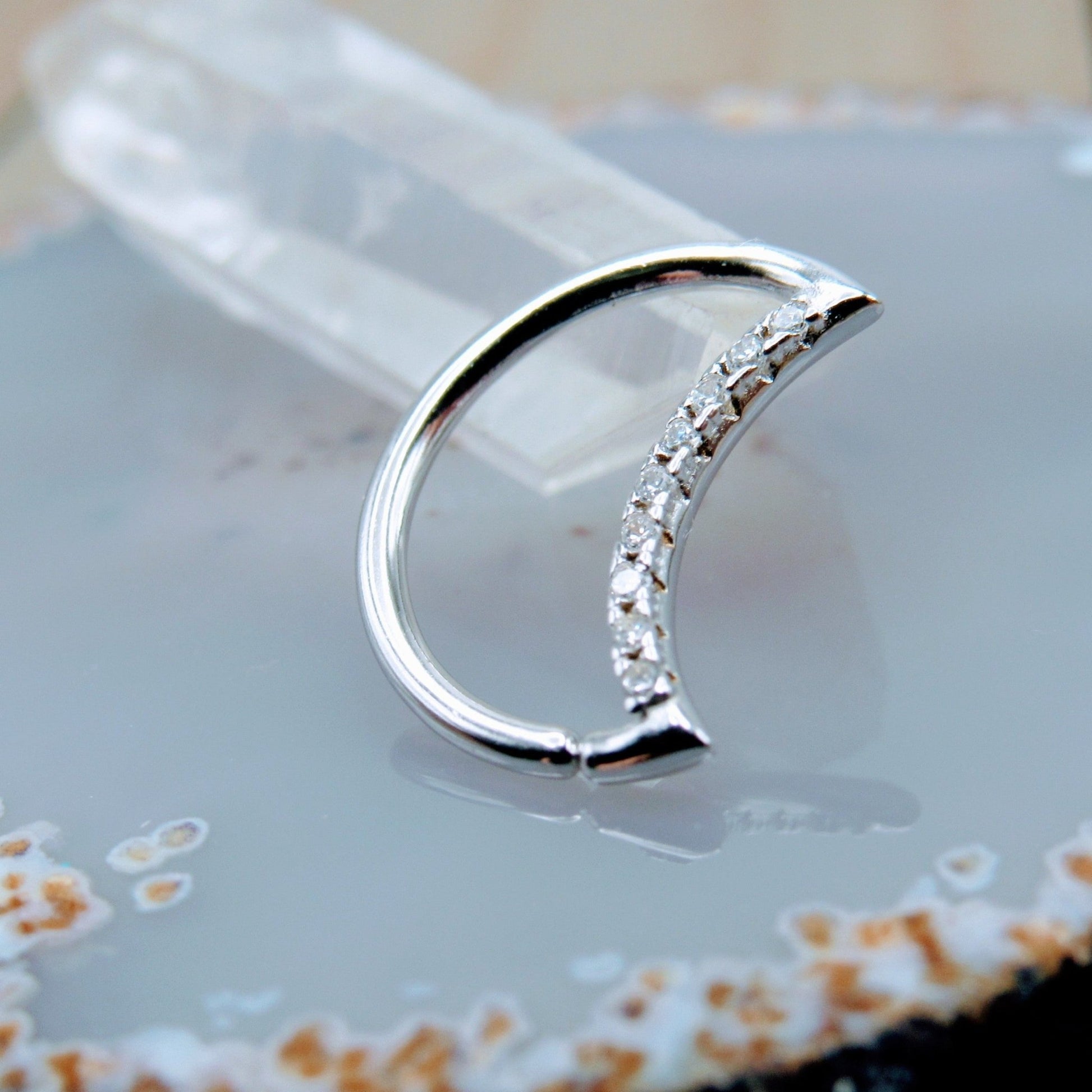 Crescent moon crystal gemstone silver easy bend seam ring daith rook helix piercing hoop .925 sterling silver - Siren Body Jewelry