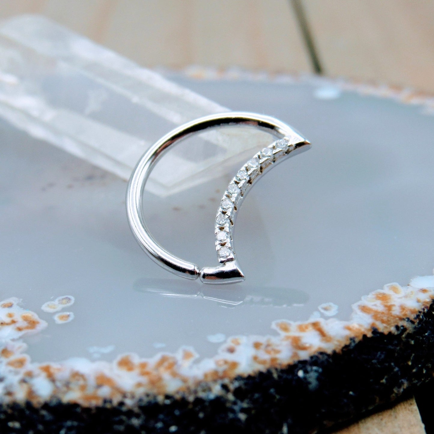 Crescent moon crystal gemstone silver easy bend seam ring daith rook helix piercing hoop .925 sterling silver - Siren Body Jewelry