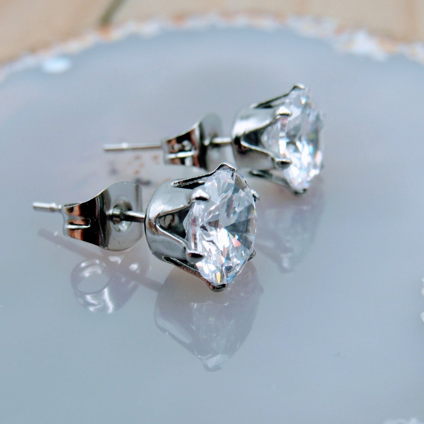 CZ prong set gemstone earrings 20g 3mm-7mm round diameter gems butterfly back ear piercing studs pair - Siren Body Jewelry