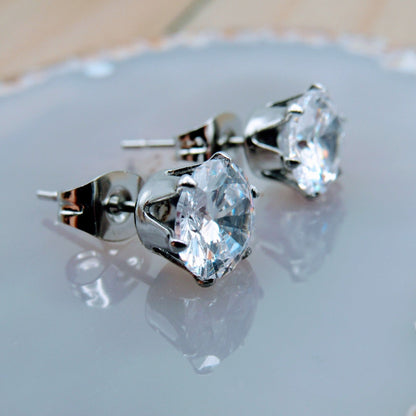 CZ prong set gemstone earrings 20g 3mm-7mm round diameter gems butterfly back ear piercing studs pair - Siren Body Jewelry