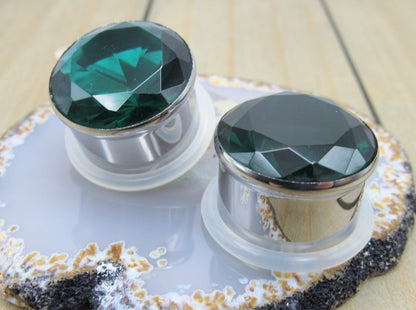 Dark emerald green cz gemstone single flare plug earrings set silver stainless steel pair 3/4" clear o ring backs - Siren Body Jewelry