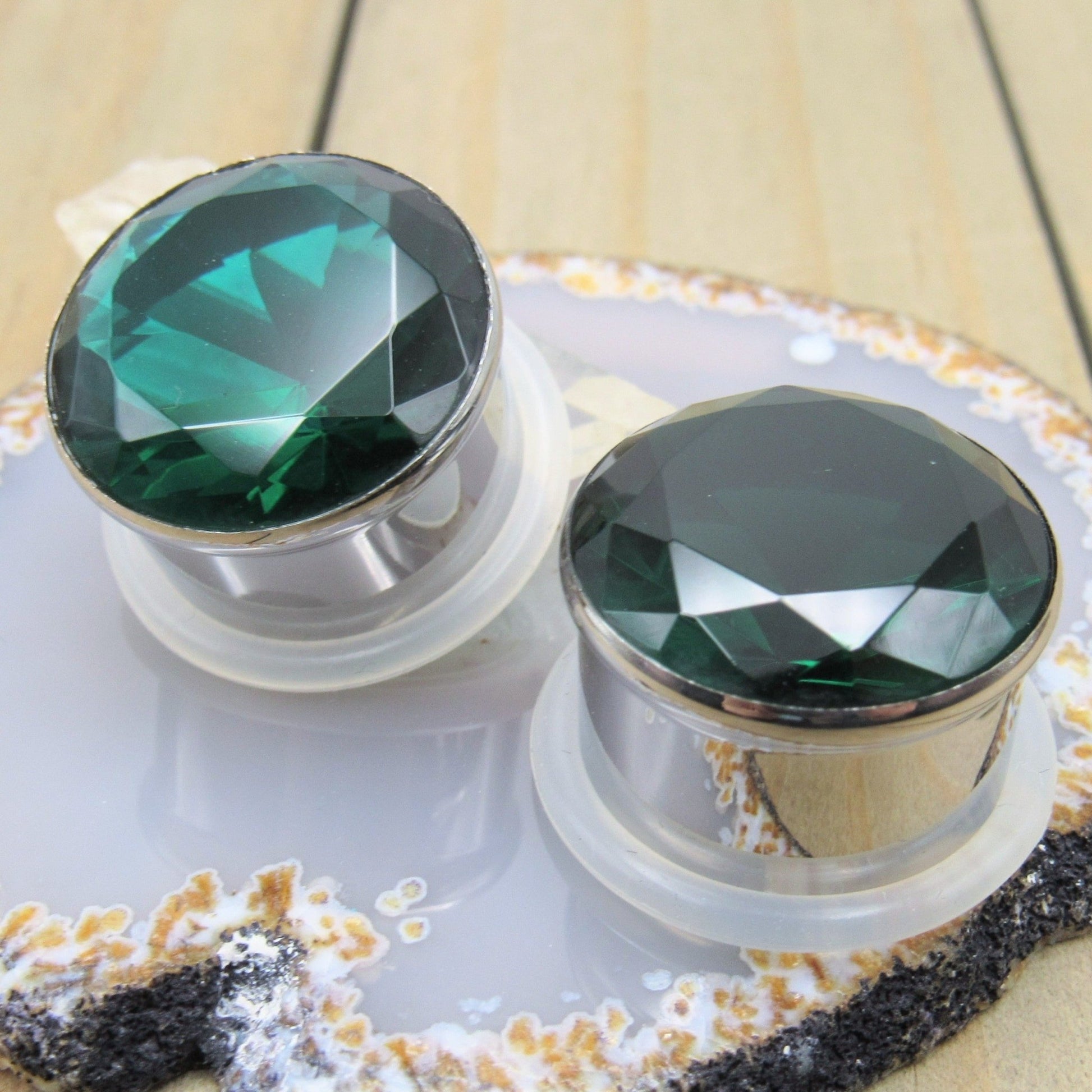 Dark emerald green cz gemstone single flare plug earrings set silver stainless steel pair 3/4" clear o ring backs - Siren Body Jewelry