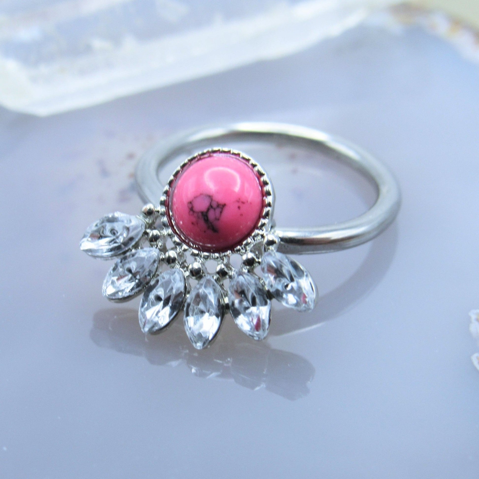 Decorative captive bead ring hoop 14g 1/2" press fit cz gemstones pink howlite stone conch ear piercing ring - Siren Body Jewelry