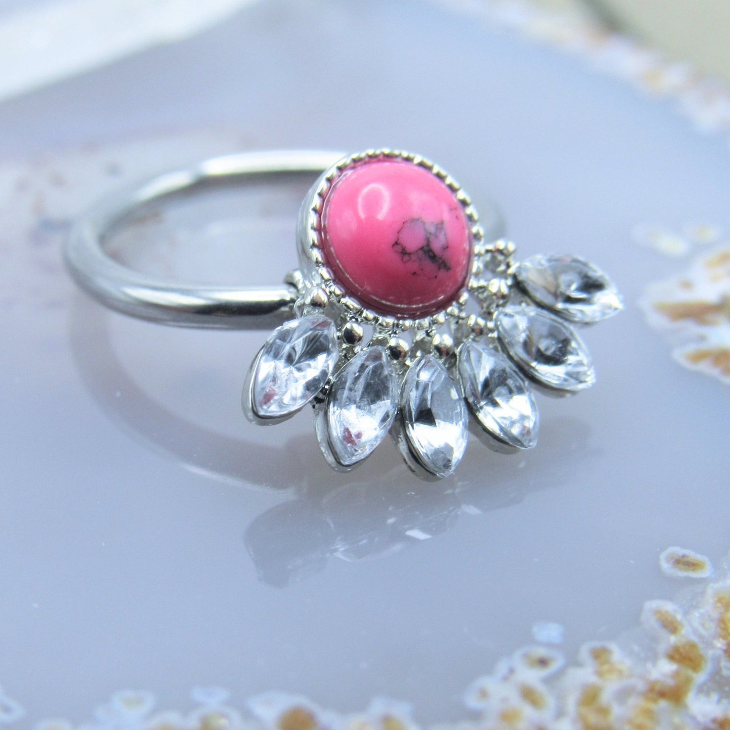 Decorative captive bead ring hoop 14g 1/2" press fit cz gemstones pink howlite stone conch ear piercing ring - Siren Body Jewelry