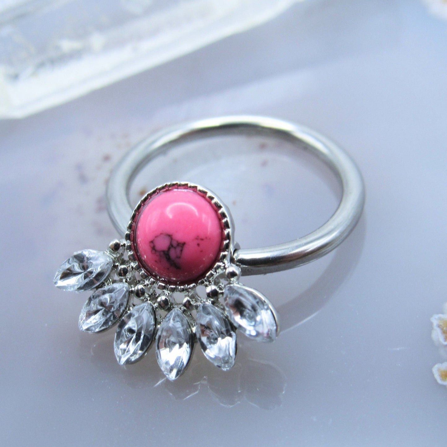Decorative captive bead ring hoop 14g 1/2" press fit cz gemstones pink howlite stone conch ear piercing ring - Siren Body Jewelry