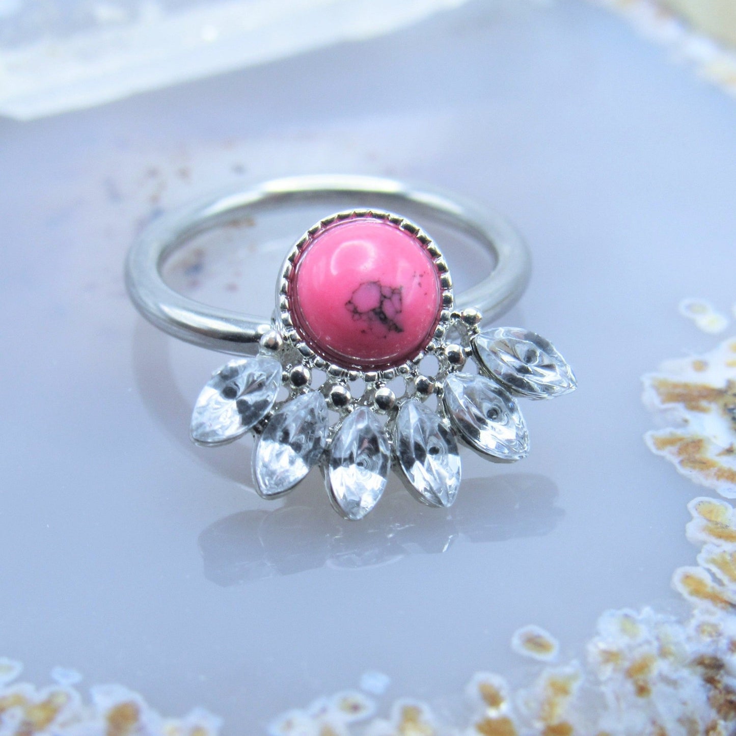 Decorative captive bead ring hoop 14g 1/2" press fit cz gemstones pink howlite stone conch ear piercing ring - Siren Body Jewelry