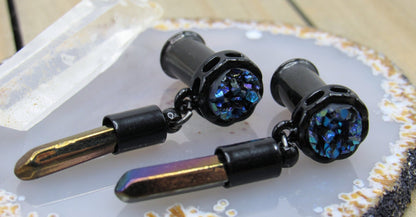 Druzy dangle plug earring set 2g black plugs blue multicolor crystal dangles stretched earlobe piercing jewelry - Siren Body Jewelry