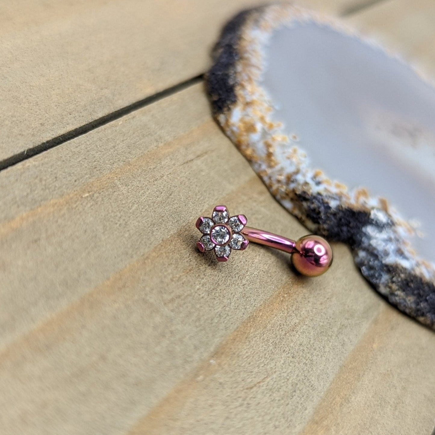 14g pink titanium anodized vch piercing barbell flower gemstone threaded end gem ball