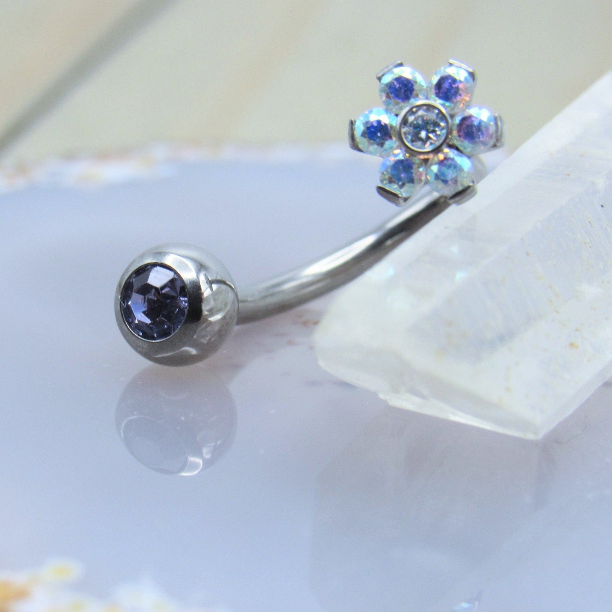 Flower gemstone belly button piercing ring 14g J curved floating navel style barbell titanium purple gemstone ball - Siren Body Jewelry