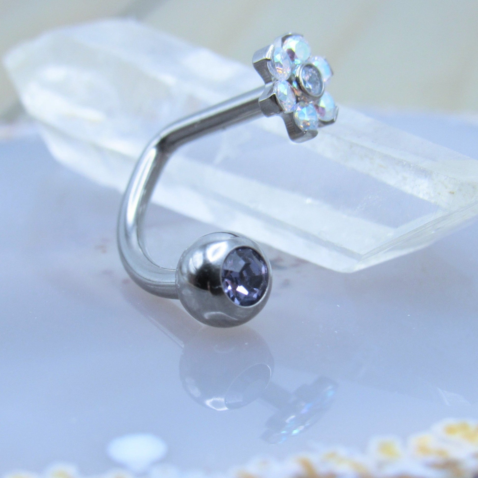 Flower gemstone belly button piercing ring 14g J curved floating navel style barbell titanium purple gemstone ball - Siren Body Jewelry