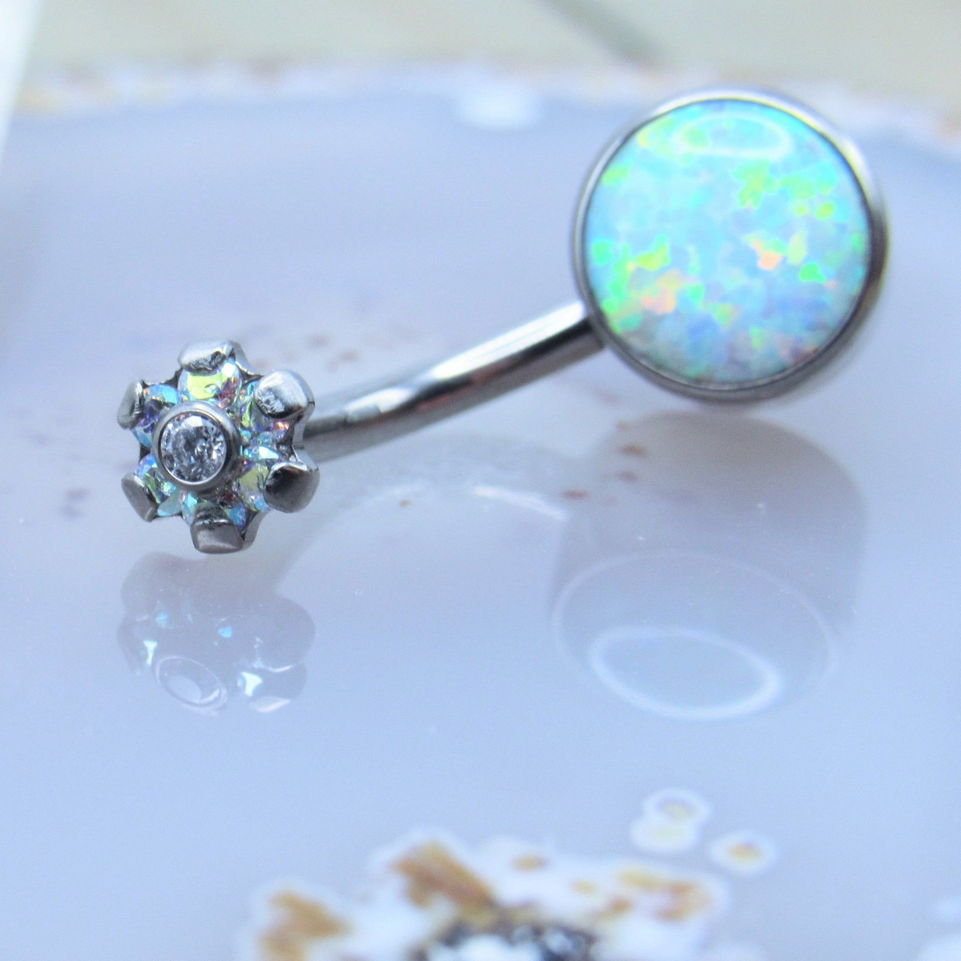 Flower gemstone white opal belly button piercing ring 14g 3/8" titanium internally threaded navel bar - Siren Body Jewelry