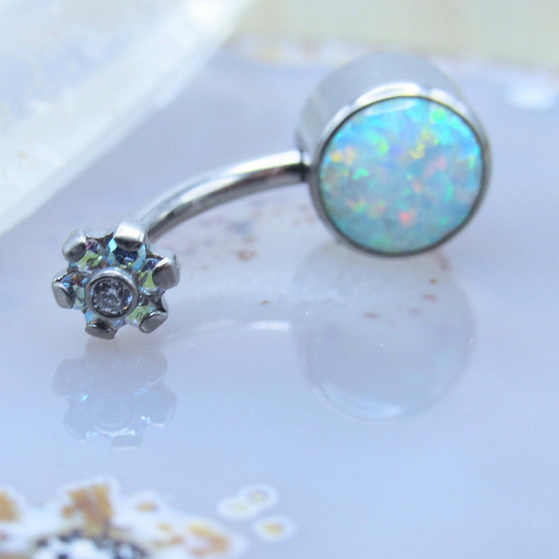 Flower gemstone white opal belly button piercing ring 14g 3/8" titanium internally threaded navel bar - Siren Body Jewelry