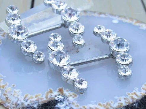 Gemstone Cluster Nipple Piercing Shield Style Straight Barbell Set - Siren Body Jewelry