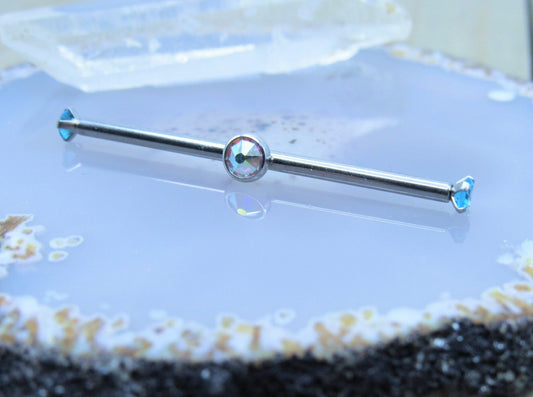 Gemstone industrial piercing barbell 14g internally threaded titanium scaffold body jewelry aurora borealis light blue cz stones - Siren Body Jewelry