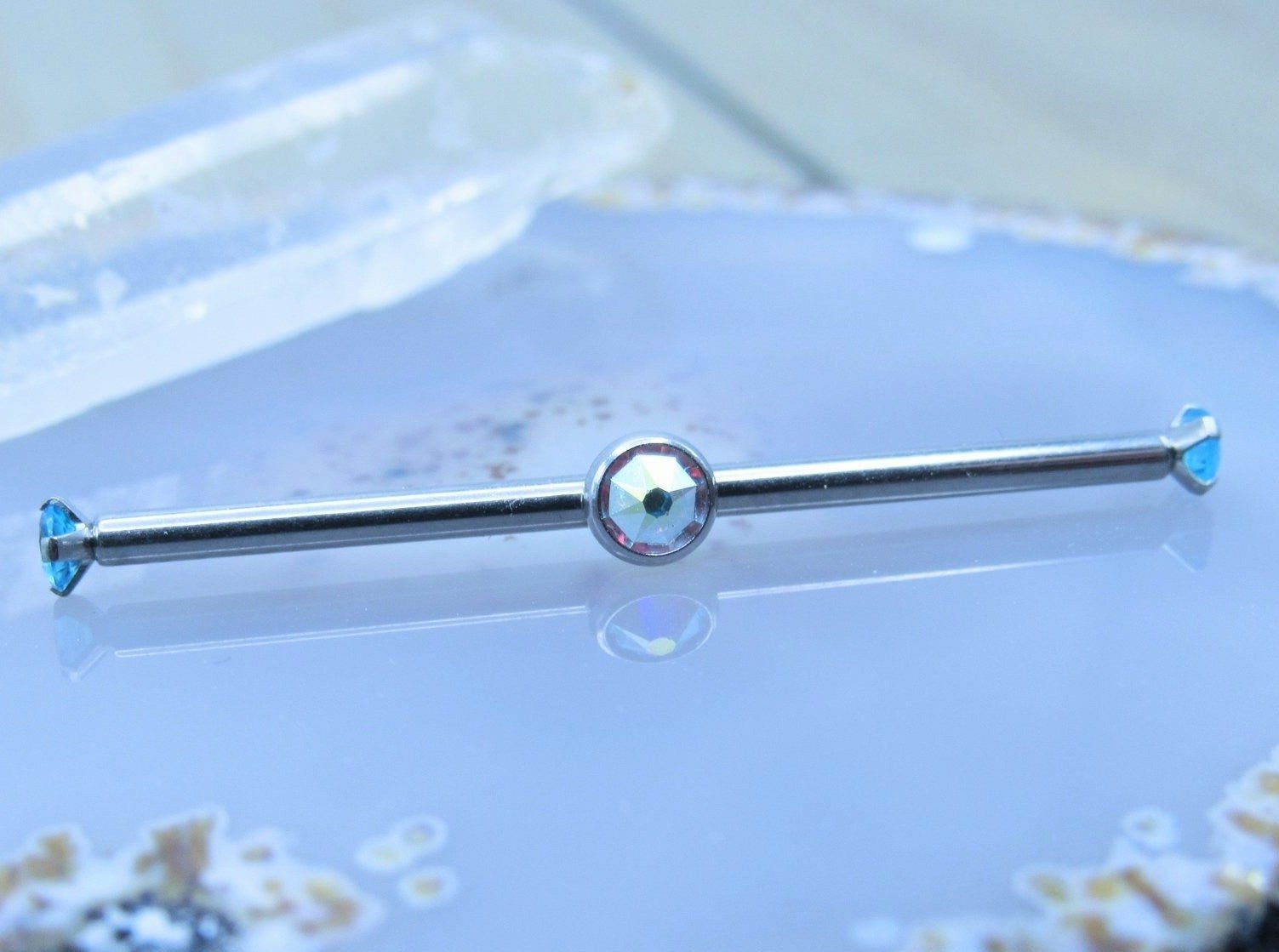 Gemstone industrial piercing barbell 14g internally threaded titanium scaffold body jewelry aurora borealis light blue cz stones - Siren Body Jewelry