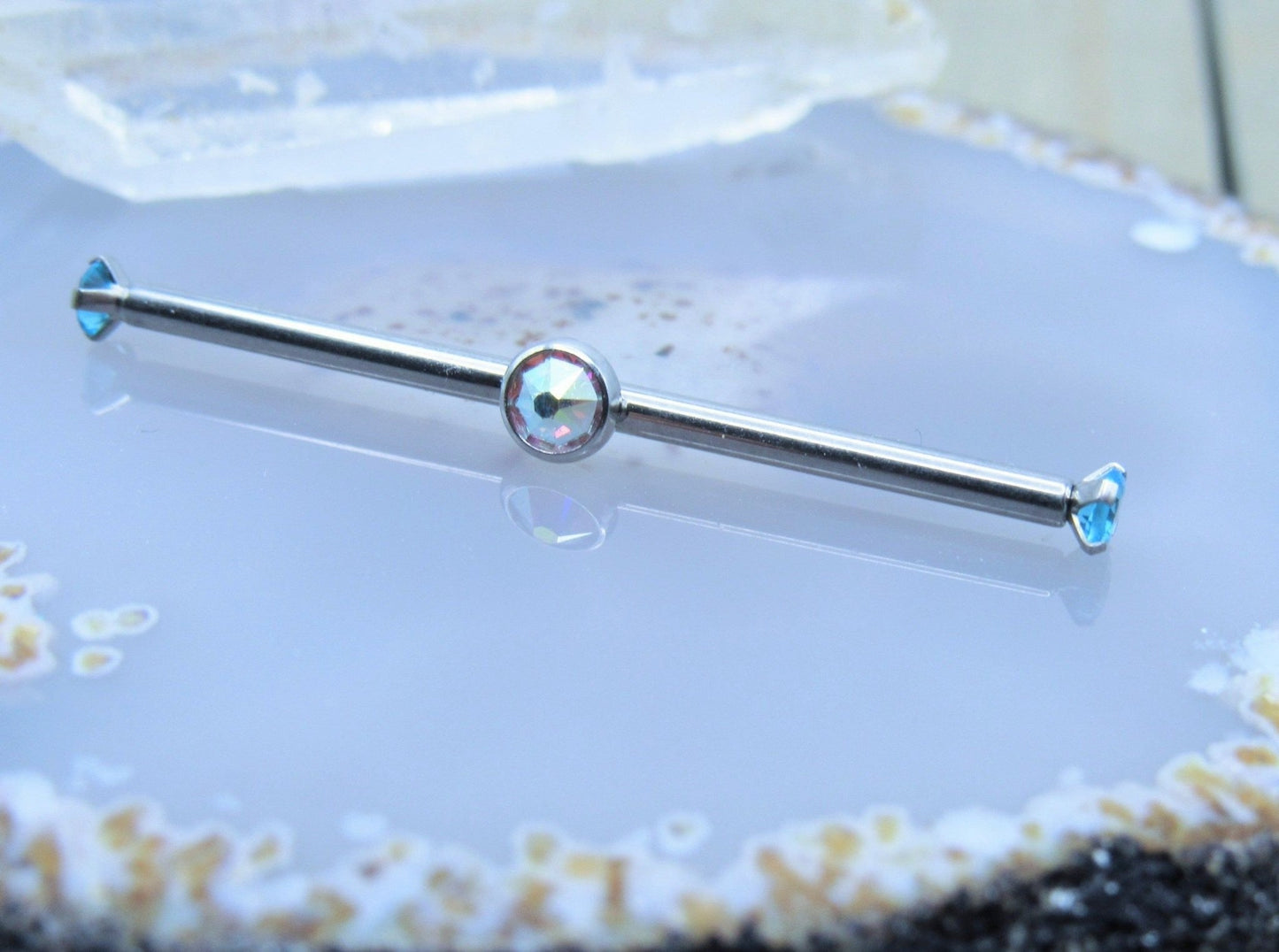 Gemstone industrial piercing barbell 14g internally threaded titanium scaffold body jewelry aurora borealis light blue cz stones - Siren Body Jewelry