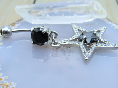 Gemstone star dangle belly button piercing ring 14g black clear cz gems 7/16" length curved bar - Siren Body Jewelry