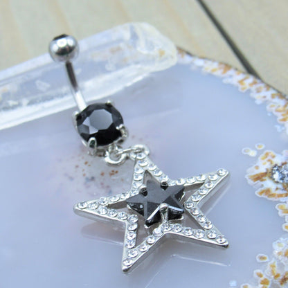 Gemstone star dangle belly button piercing ring 14g black clear cz gems 7/16" length curved bar - Siren Body Jewelry