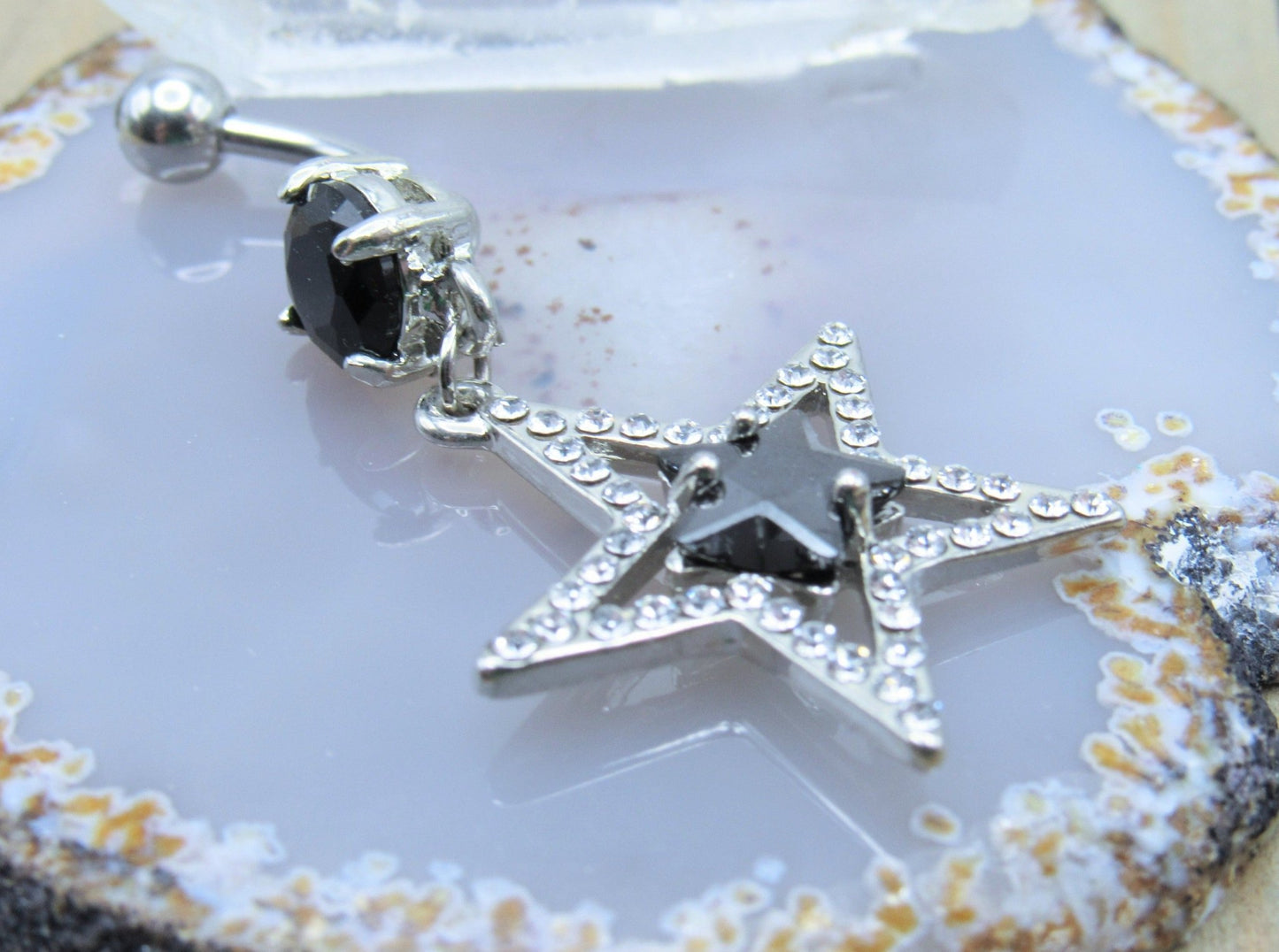 Gemstone star dangle belly button piercing ring 14g black clear cz gems 7/16" length curved bar - Siren Body Jewelry