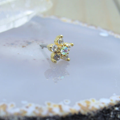 Gold flower nose piercing stud ring 20g aurora borealis cz press fit gemstones - Siren Body Jewelry