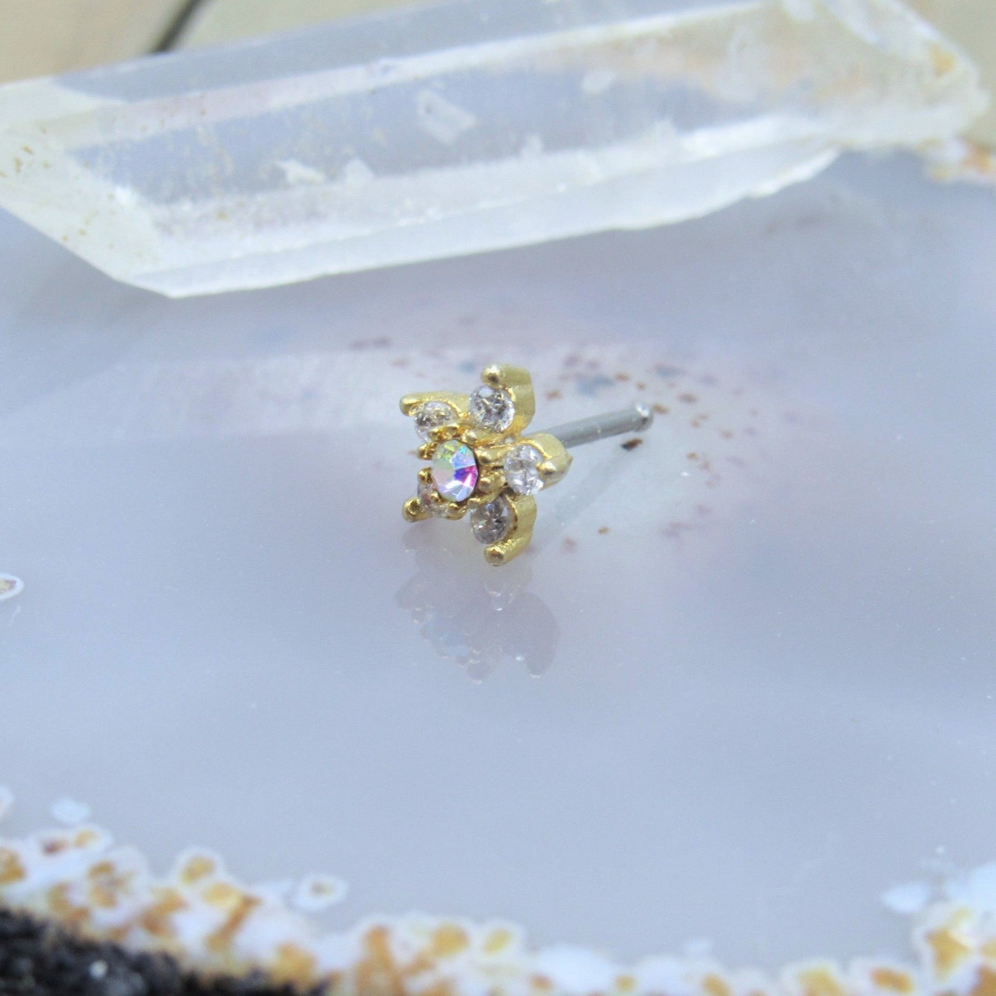 Gold flower nose piercing stud ring 20g aurora borealis cz press fit gemstones - Siren Body Jewelry