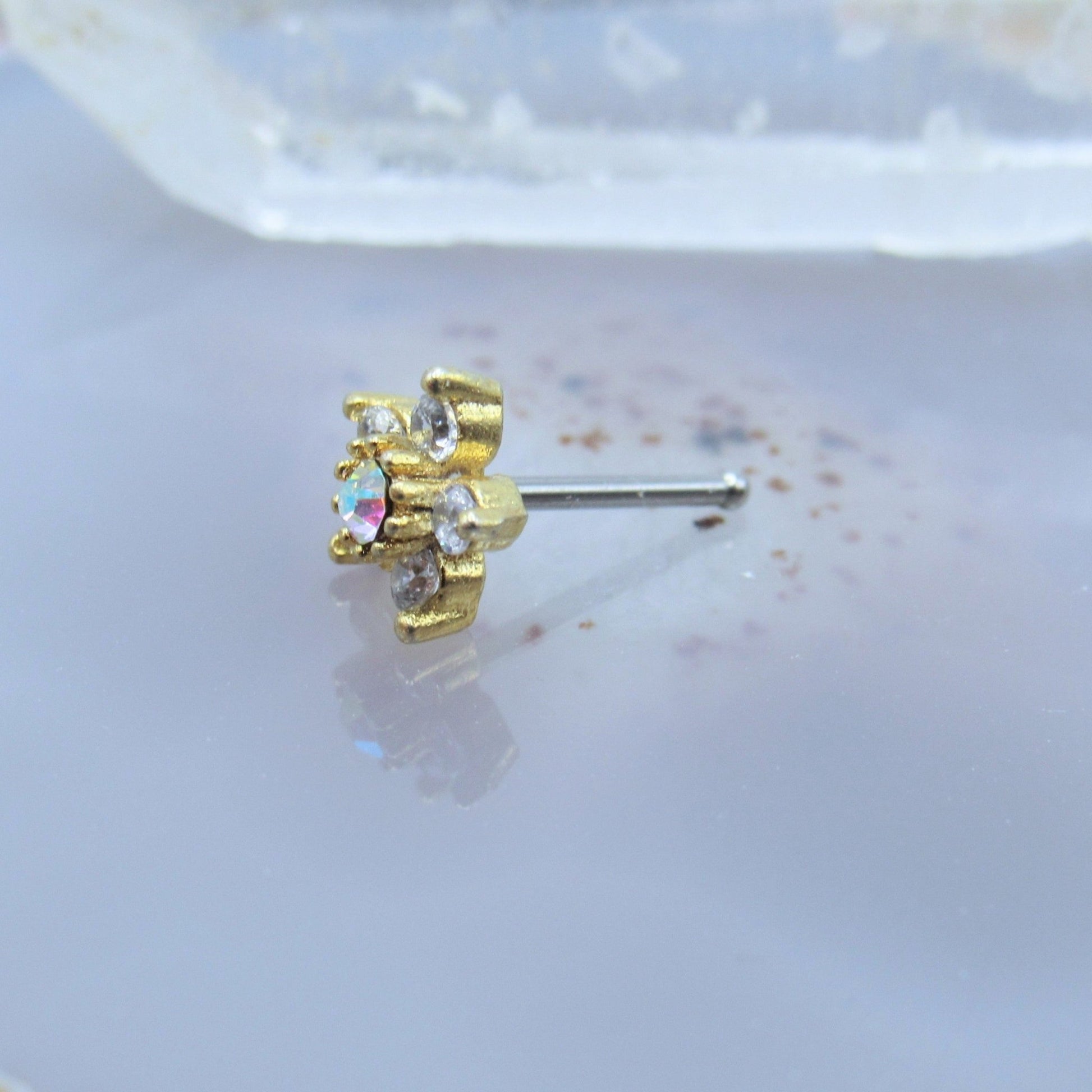 Gold Flower Nose Piercing Stud Jewelry CZ and AB Gemstone Design
