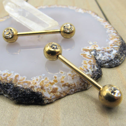 Gold nipple piercing jewelry set 14g 5/8" double cz cubic zirconia gemstones forward facing set straight barbells - Siren Body Jewelry