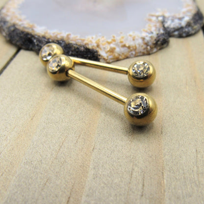 Gold nipple piercing jewelry set 14g 5/8" double cz cubic zirconia gemstones forward facing set straight barbells - Siren Body Jewelry
