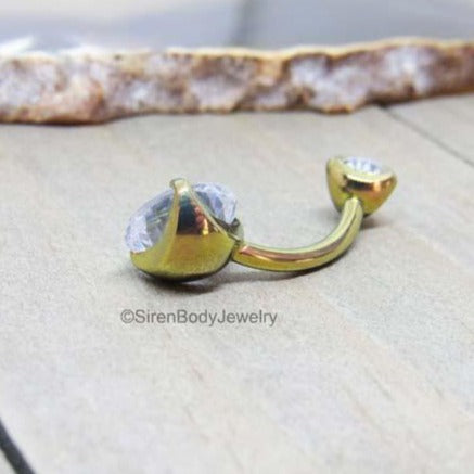 Gold titanium belly button ring 14g prong set clear Swarovski gemstones hypoallergenic navel piercing barbell - SirenBodyJewelry