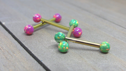 Green opal nipple piercing set 14g titanium internally threaded pink opals straight barbells - SirenBodyJewelry