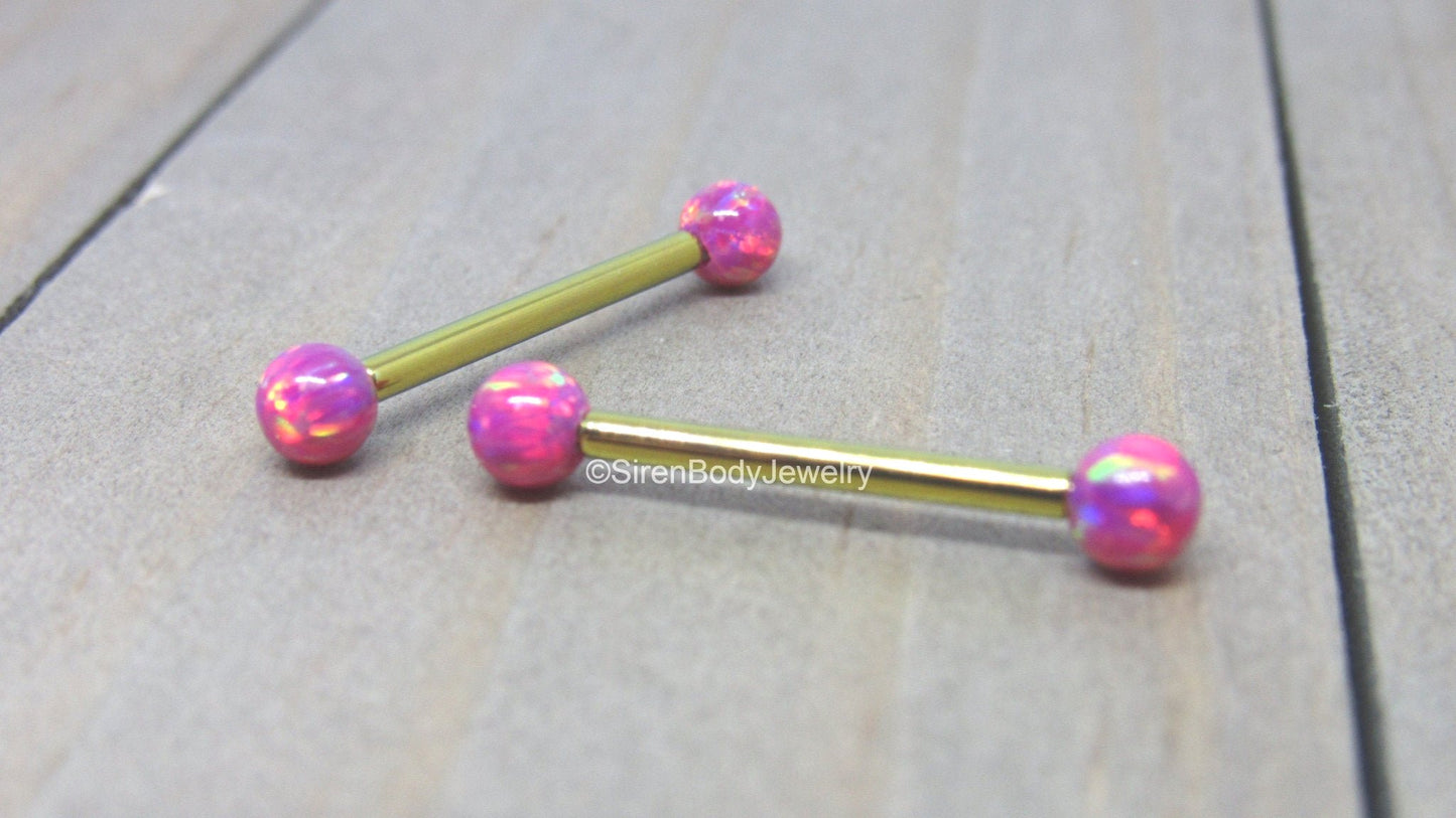 Green opal nipple piercing set 14g titanium internally threaded pink opals straight barbells - SirenBodyJewelry