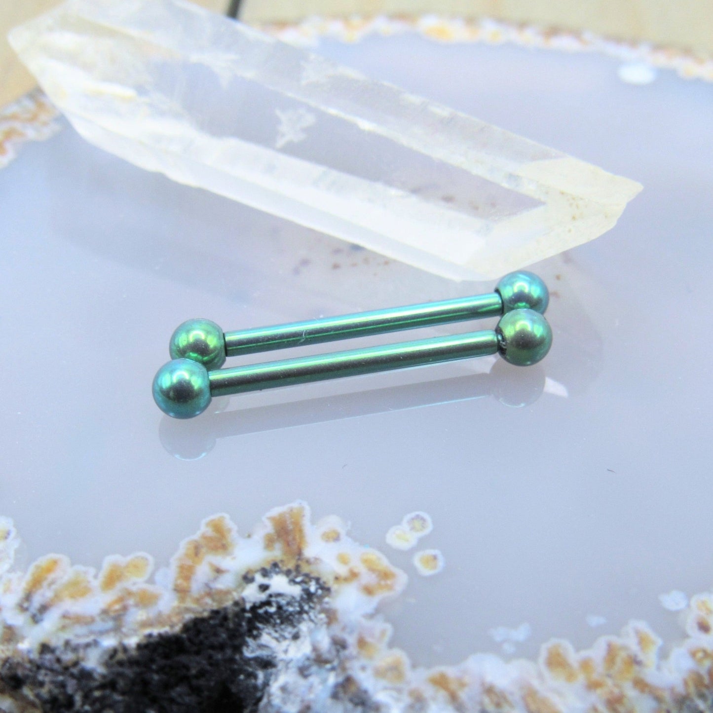 Green titanium nipple jewelry set 16g 5/8" internally threaded 3mm ball end straight barbells - Siren Body Jewelry