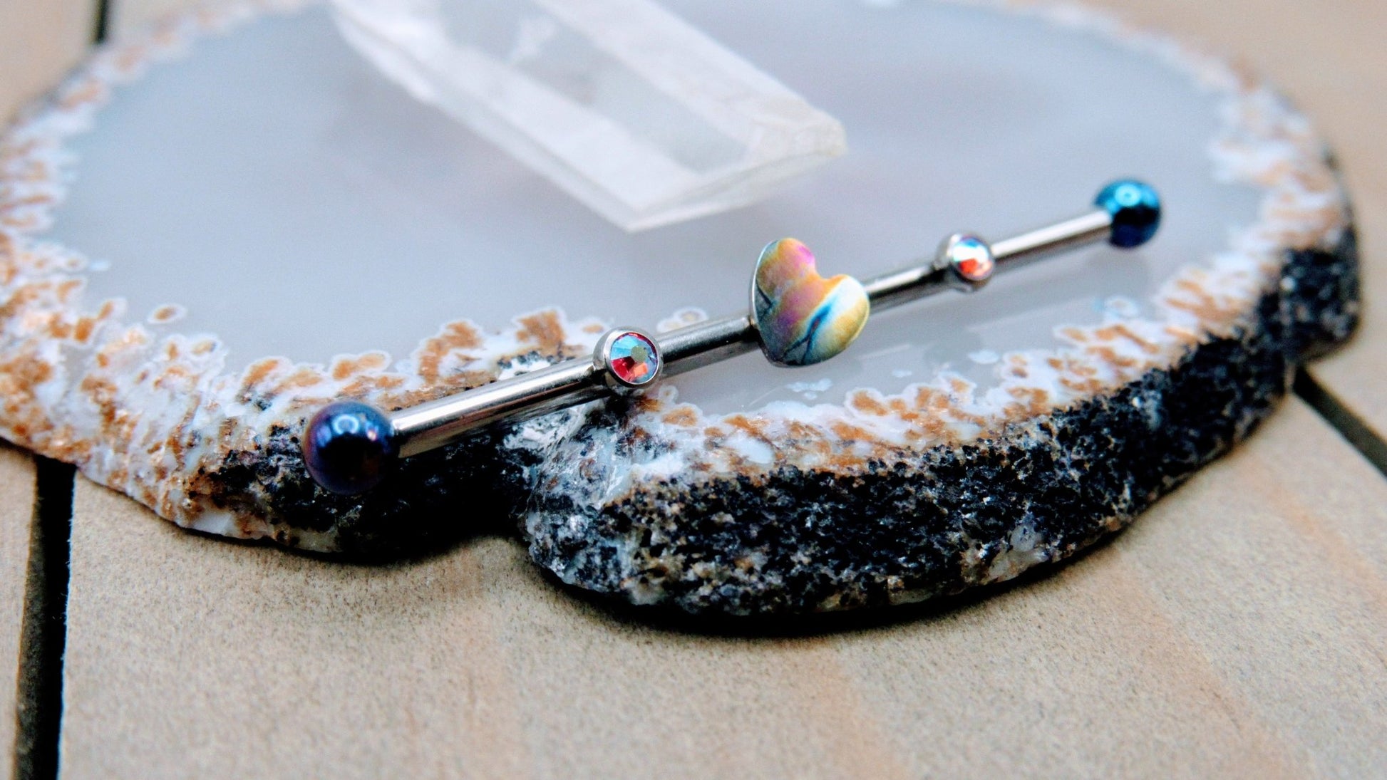 Heart titanium industrial ear piercing barbell 14g 1 1/4 internally  threaded ab gemstones 3mm ball ends custom color