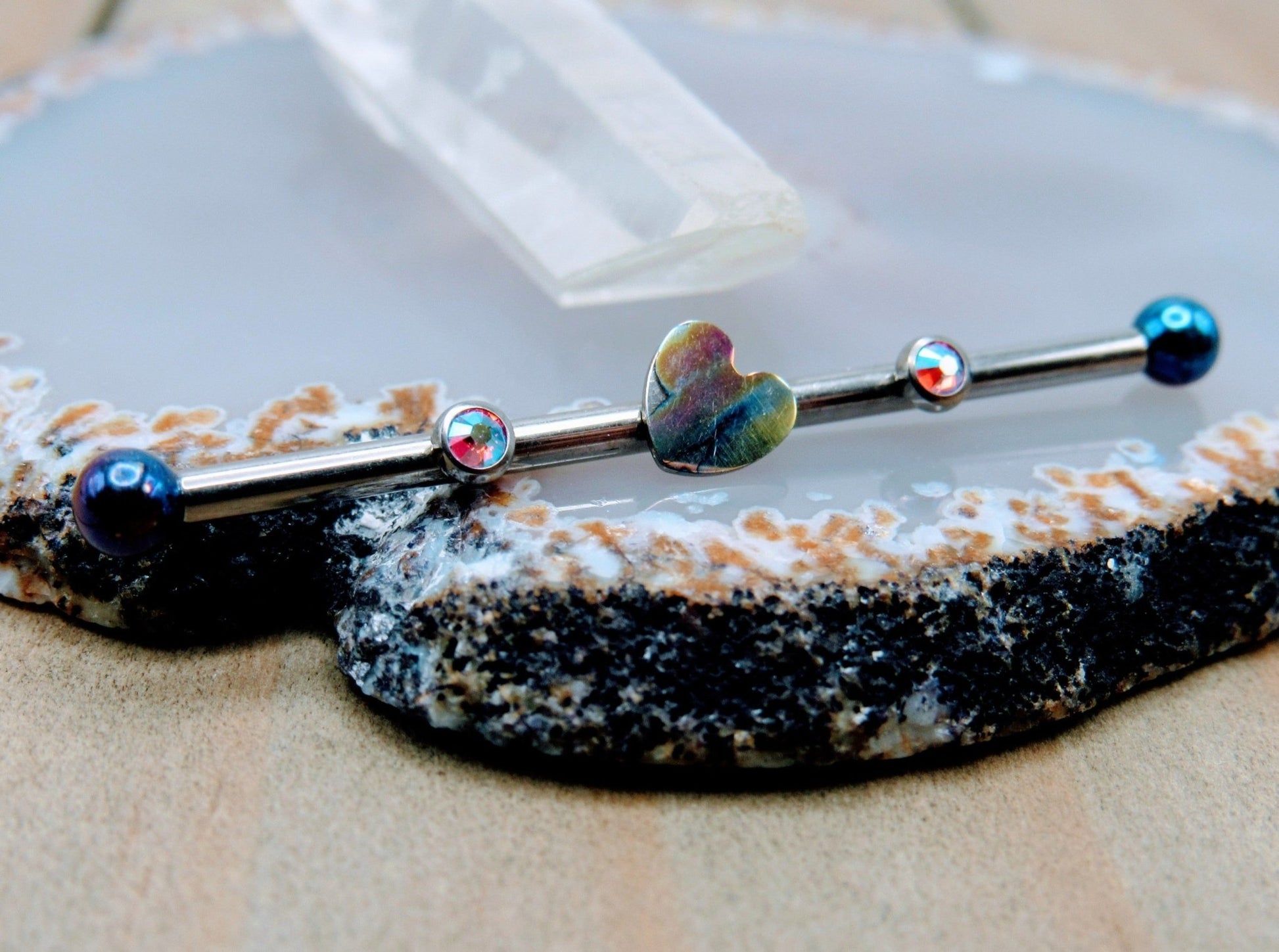 Heart titanium industrial ear piercing barbell 14g 1 1/4" internally threaded ab gemstones 3mm ball ends custom color - Siren Body Jewelry