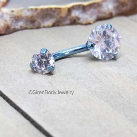 Ice blue titanium belly button ring 14g prong set clear Swarovski gemstones internally threaded barbell - SirenBodyJewelry