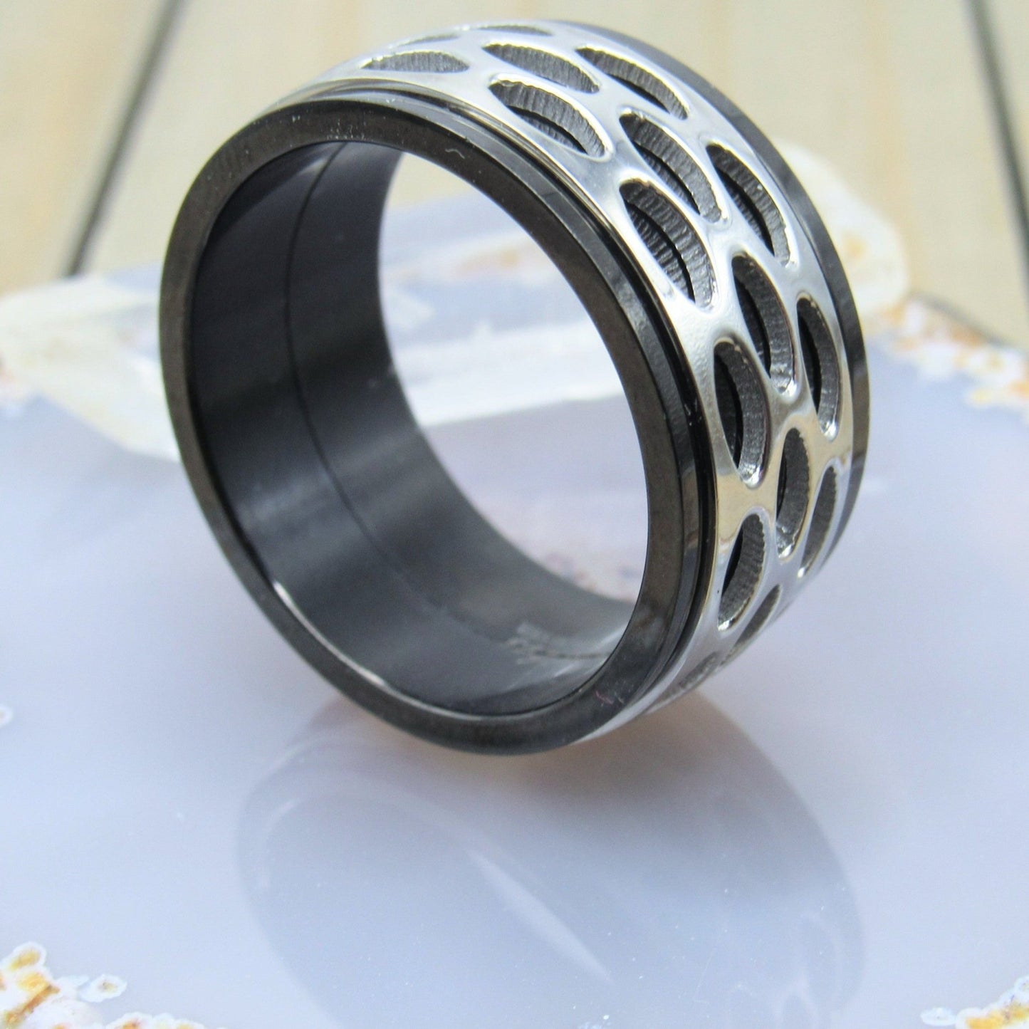 Mens spinner ring size 10 black titanium iop band stainless steel geometric pattern spinning design fashion accessory - Siren Body Jewelry