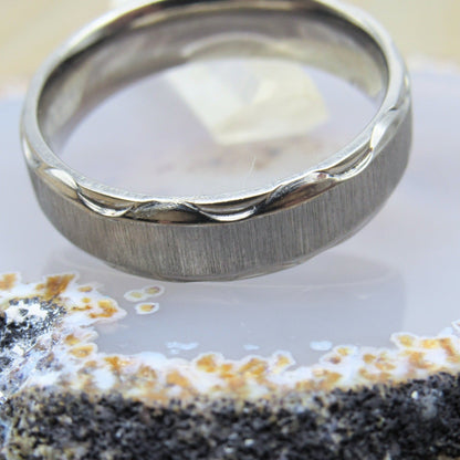 Mens titanium engagement wedding ring size 10 brushed center tribal border design 6mm width hypoallergenic jewelry - Siren Body Jewelry
