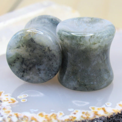 Moss agate stone plug earrings 00g concave set stretched earlobe piercing jewelry - Siren Body Jewelry